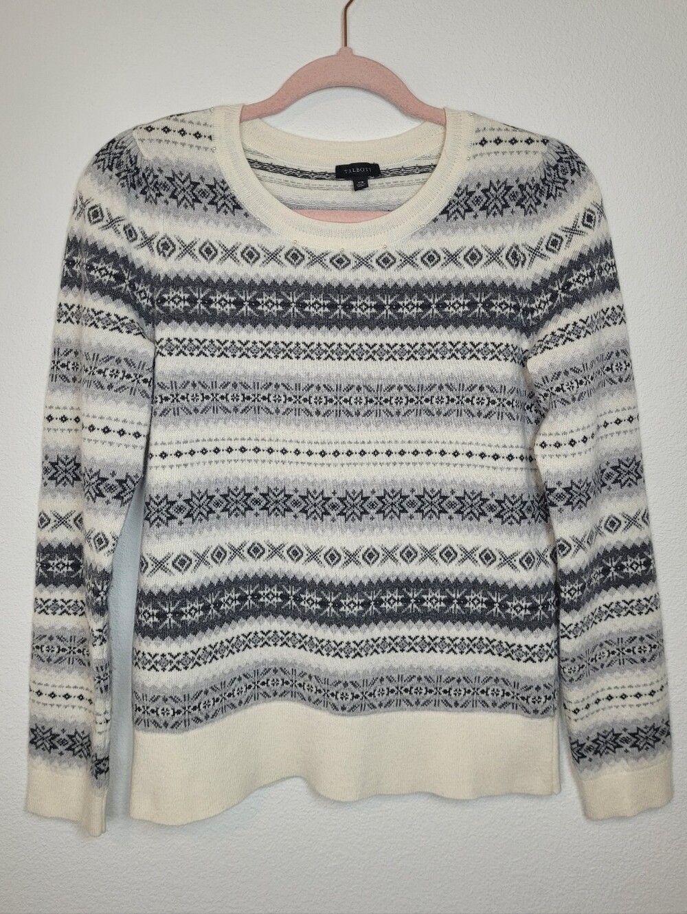 Talbots Wool Blend Fair Isle Pearl Sweater XS Ivory Gray Snowflake Nordic Knit